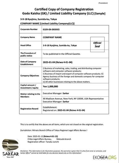 Modèle Word et PDF d'enregistrement d'une société au Japon template Modèle Word et PDF d'enregistrement d'une société au Japon template